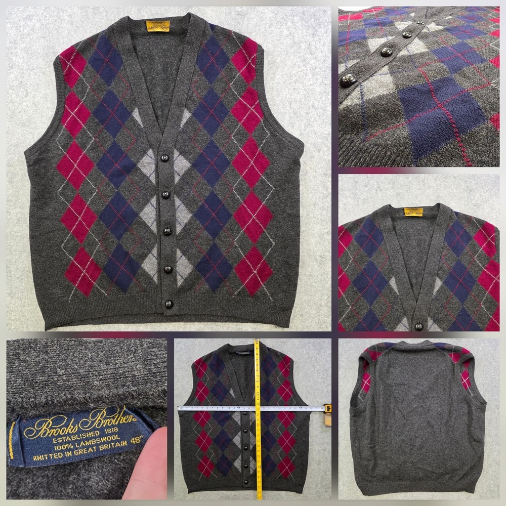 Brooks Brothers Sweater Vest Mens 2XL Gray Lambswool Argyle V Neck Knit Cardigan